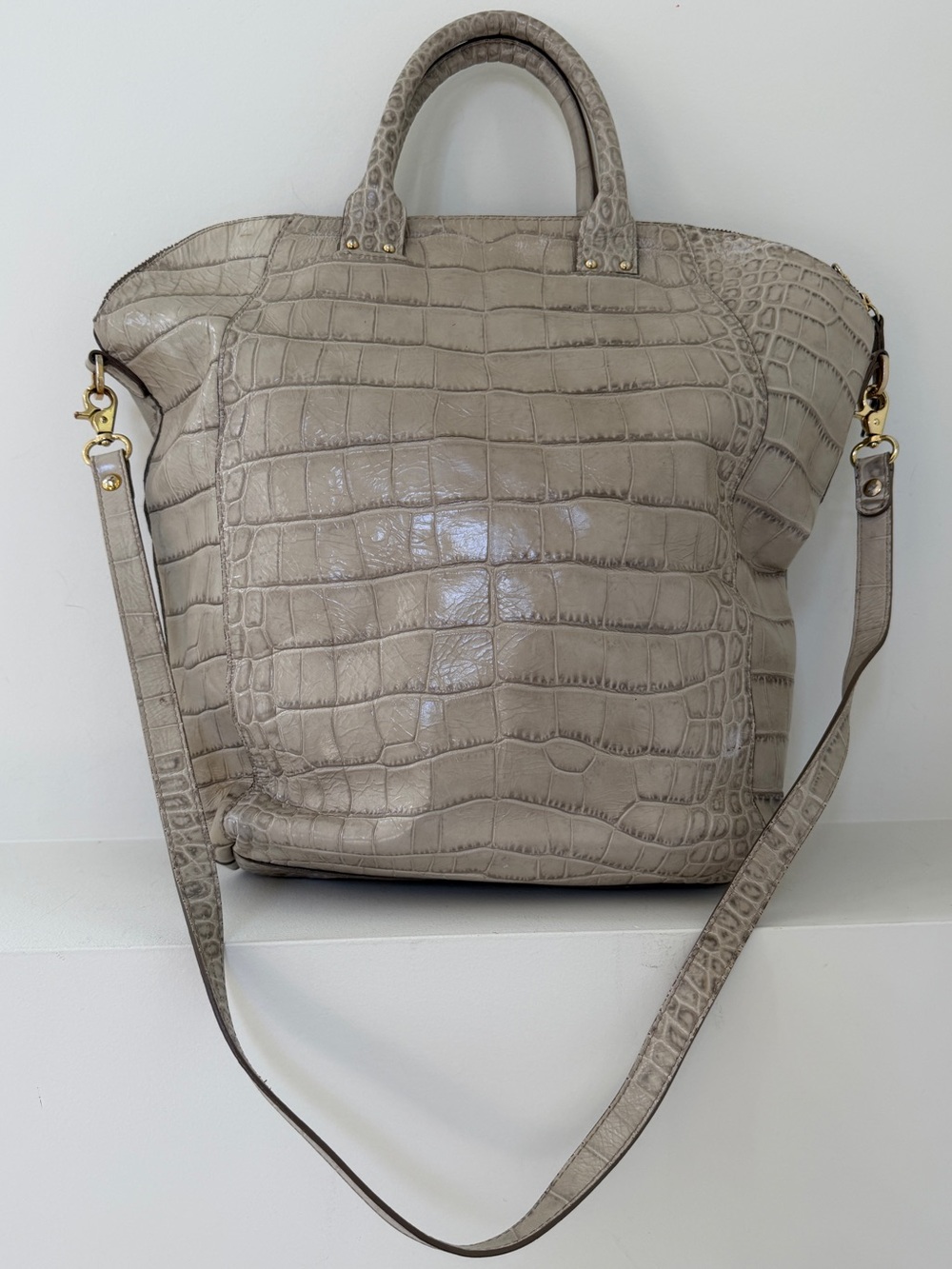 L'INCONTRO Genuine Leather Tote Bag Texture Croc Embossed Print Minimalist Chic